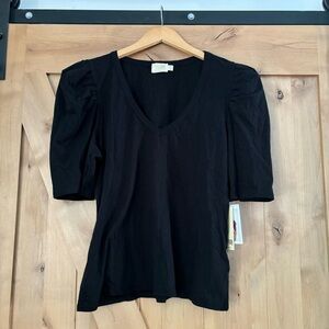 NATION LTD V-Neck Puff Sleeve Tee Black Size XXL Pima Cotton Linen Blend Top